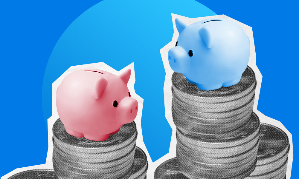 Two piggy banks, one pink and one blue, sit atop separate stacks of coins against a vibrant blue background. The pink piggy bank is on the left and the blue piggy bank is on the right, each positioned on a tall pile of coins, subtly underscoring themes of retirement planning and gender gap.