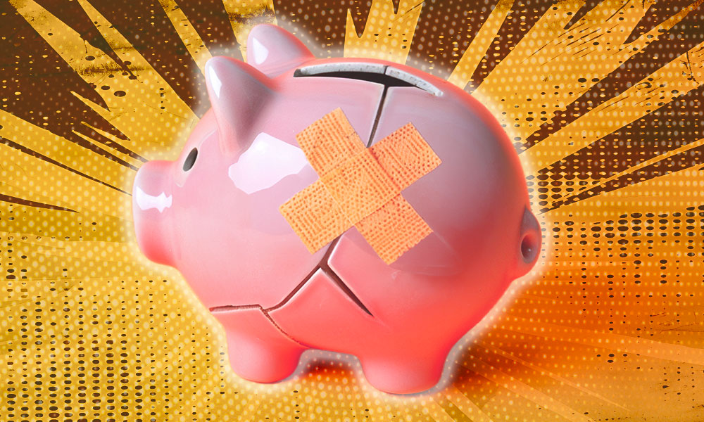 A cracked piggy bank with band-aids, symbolizing the importance of avoiding mistakes when withdrawing from your retirement nest egg.