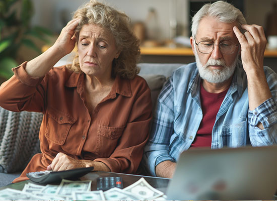 An elderly couple looking worried while reviewing their finances, highlighting concerns about retirement savings and Social Security.