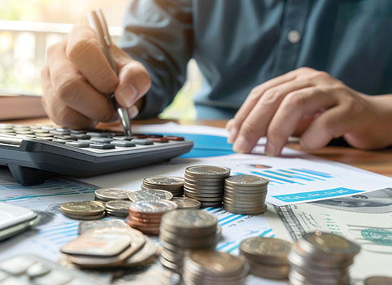 A person using a calculator and writing on financial documents, with coins and cash in the foreground, illustrating the management of a retirement nest egg and planning for required minimum distributions (RMD).