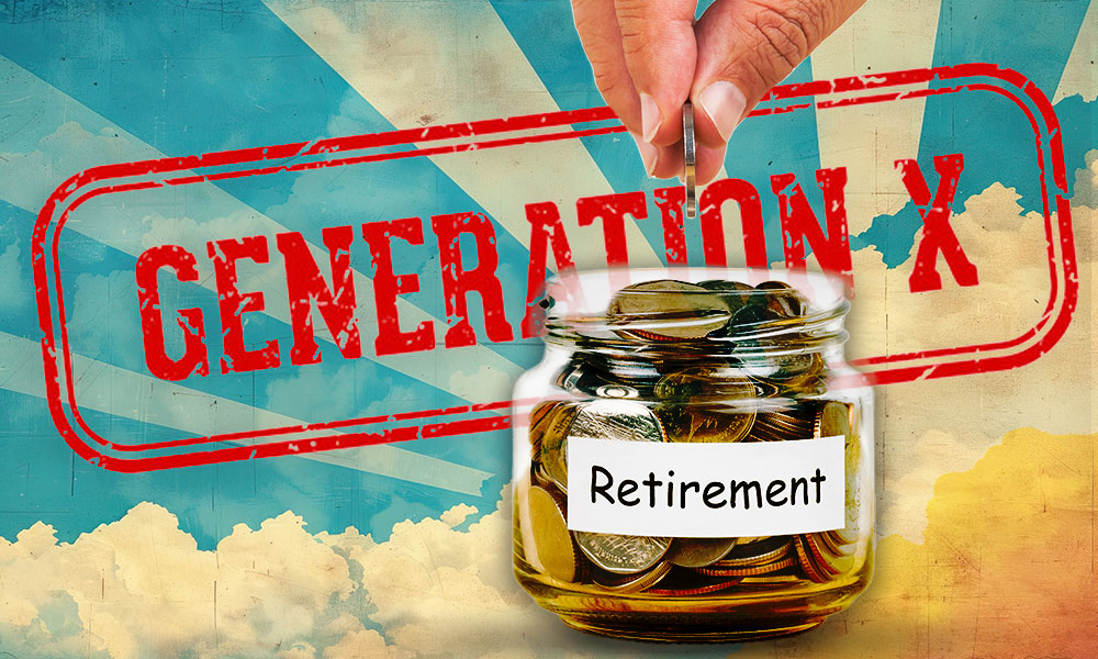 A hand drops a coin into a jar labeled 'Retirement' against a backdrop of 'Generation X,' symbolizing retirement planning for Generation X.