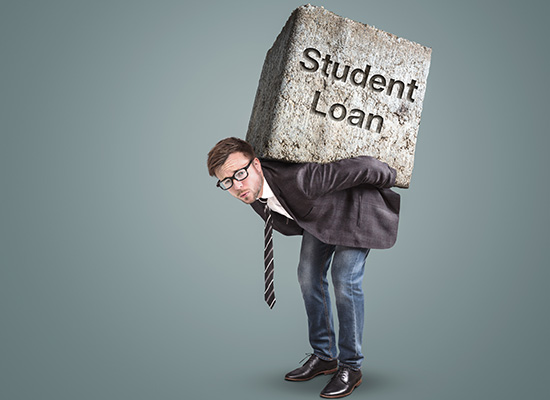A man struggles under the weight of a large stone labeled 'Student Loan,' illustrating the burden of student debt.