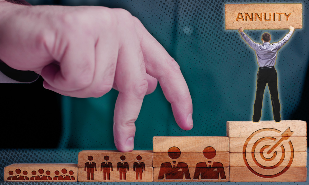 A large hand assembles wooden blocks depicting people and business figures, with a person placing a final block labeled 'Annuity' on top, symbolizing the path to financial goals.
