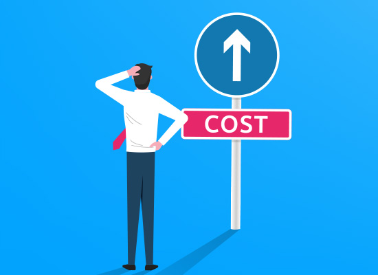 An illustration of a man looking at a sign with an upward arrow labeled 'Cost,' representing rising costs in retirement income planning.