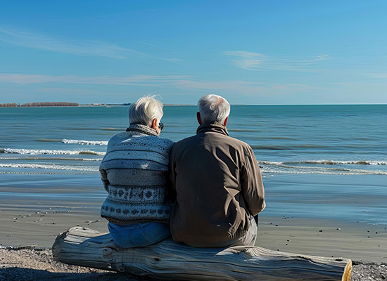 An elderly couple sitting on a log by the seaside, symbolizing enjoying retirement and the benefits of careful retirement income planning.