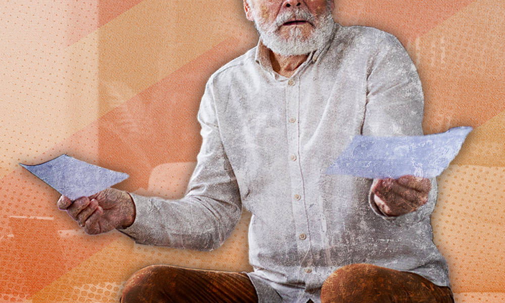 An older man holding two pieces of paper, metaphorically weighing the pros and cons of claiming Social Security at age 62, considering health, financial needs, and spousal benefits.