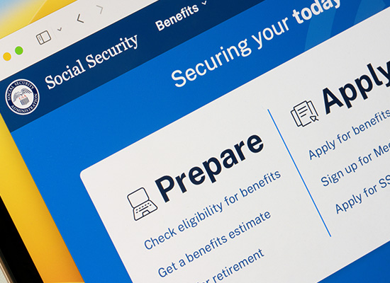 A screenshot of the Social Security website encouraging users to prepare and apply for Social Security benefits as part of financial planning for retirement.
