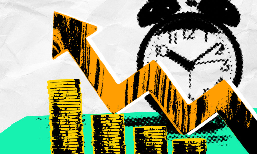 A stylized illustration showing stacks of gold coins increasing in height from left to right with a zig-zag arrow pointing upward, indicating growth. A clock in the background emphasizes the concept of time and annuities. The background has a textured, crumpled paper look.