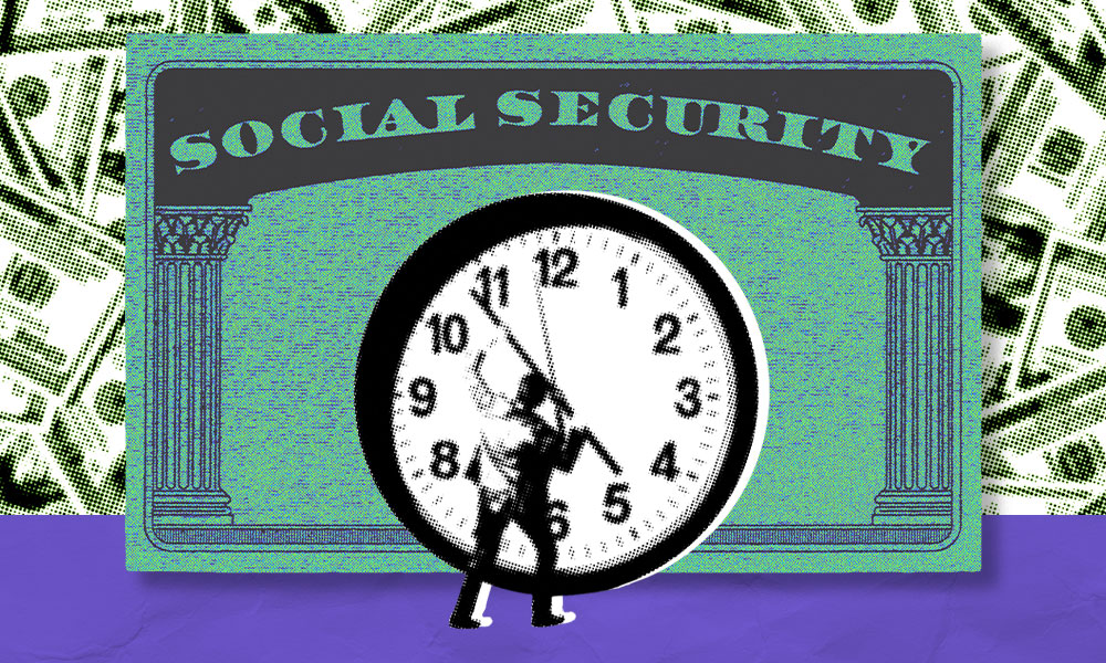 A stylized image depicts a Social Security card backdrop with a clock in the foreground showing a person pushing the clock's hands forward