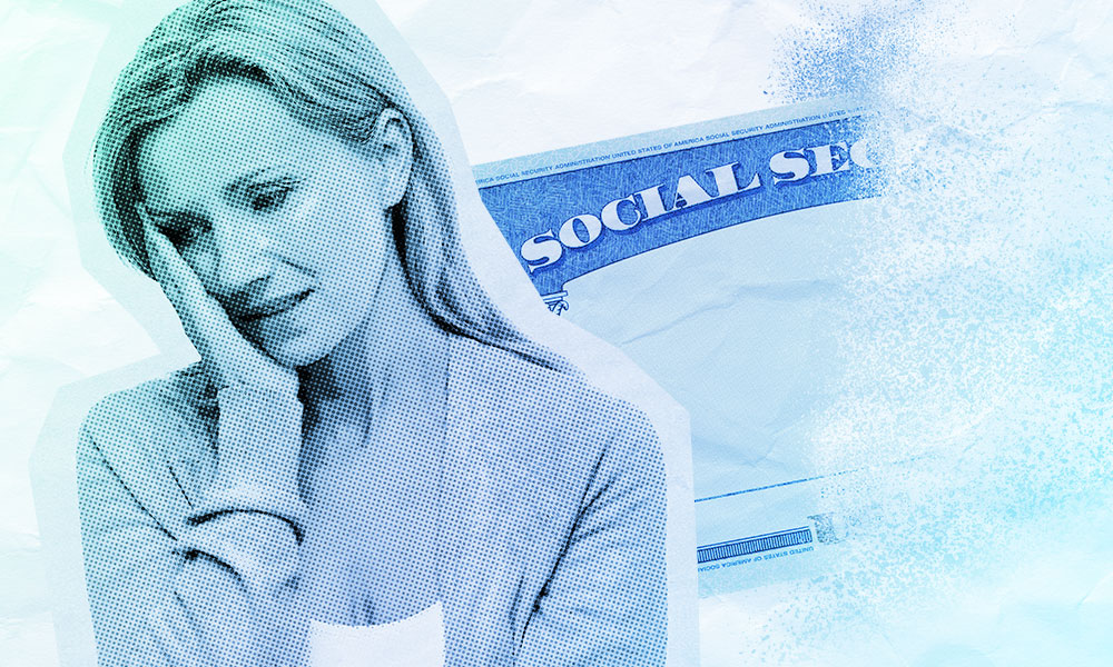 A concerned woman rests her face in her hand, with a Social Security card partially visible in the background. The image is overlaid with a blue-tinted filter and a halftone effect, giving it a textured, stylized appearance that emphasizes the significance of social security concerns.