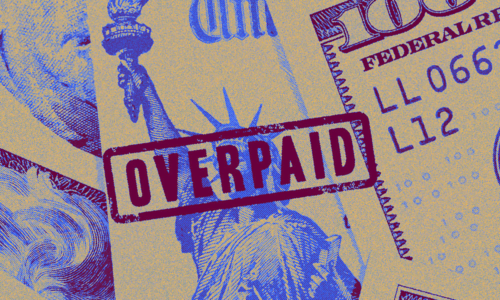Stylized image showing elements of U.S. currency and social security, including a part of the Statue of Liberty, overlaid with a red stamp reading 'OVERPAID' in bold letters