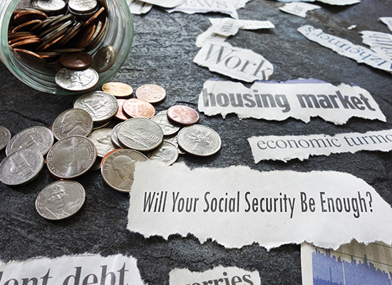 Loose coins and newspaper clippings raise concerns about Social Security and retirement income, reflecting anxiety over financial security in retirement.