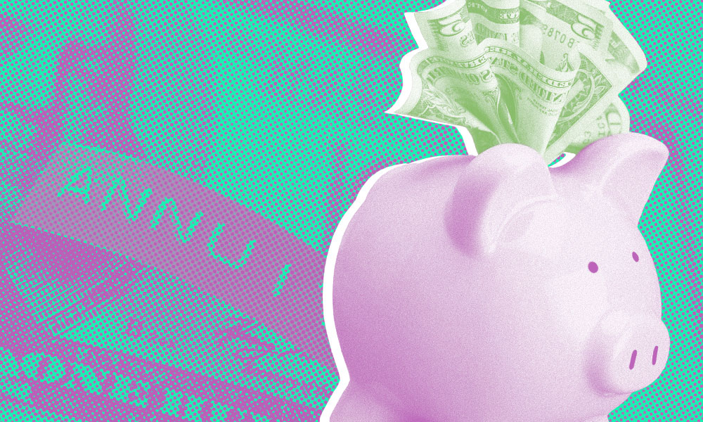 A pink piggy bank with dollar bills emerging from its slot is set against a blue and green background
