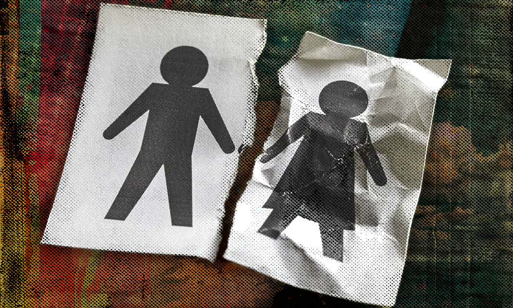A torn paper with silhouettes of a man and woman separated, symbolizing the financial challenges faced by widows after losing their spouse's income.