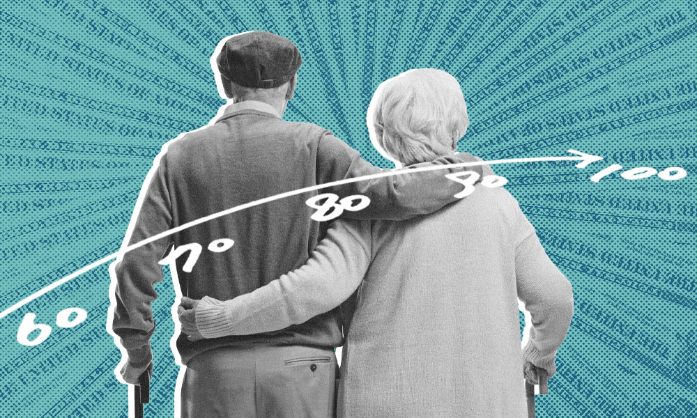Elderly couple with arms around each other stand facing away, against a vibrant blue textured background. A white curve marked with numbers from 60 to 100 spans across, subtly hinting at life expectancy and the importance of thoughtful retirement planning.