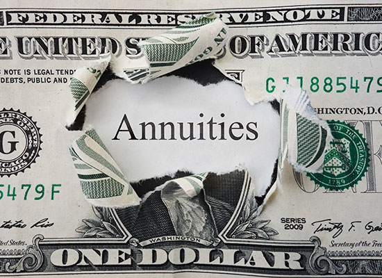 A torn one-dollar bill reveals the word 'Annuities' beneath it, hinting at retirement planning
