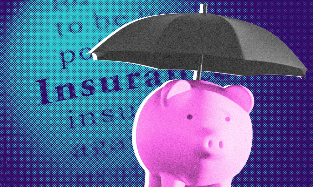 A pink piggy bank holds a black umbrella against a backdrop of the word 'Insurance' in bold