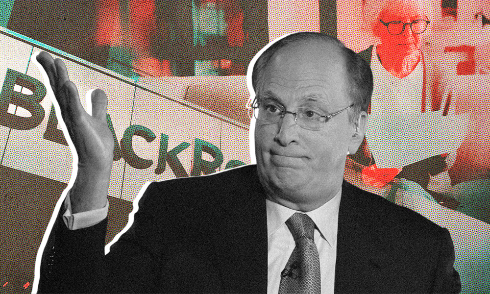 A person in a suit gestures with an open hand in front of an edited background featuring 'BlackRock' and another individual holding a tablet
