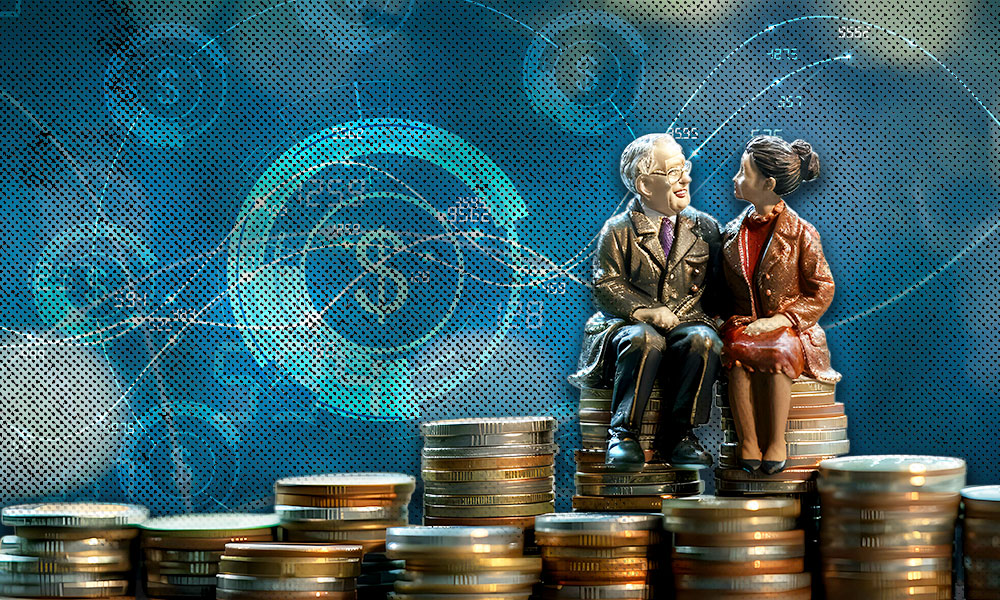A figurine of an elderly couple sitting on stacked coins symbolizes creating reliable retirement income through evidence-based distribution strategies and annuities.
