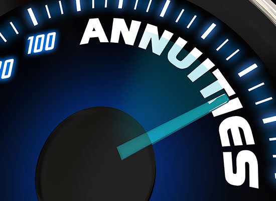 A gauge with the word 'Annuities' points toward a high value, emphasizing lifetime annuities, annuitization strategies, and retirement security.
