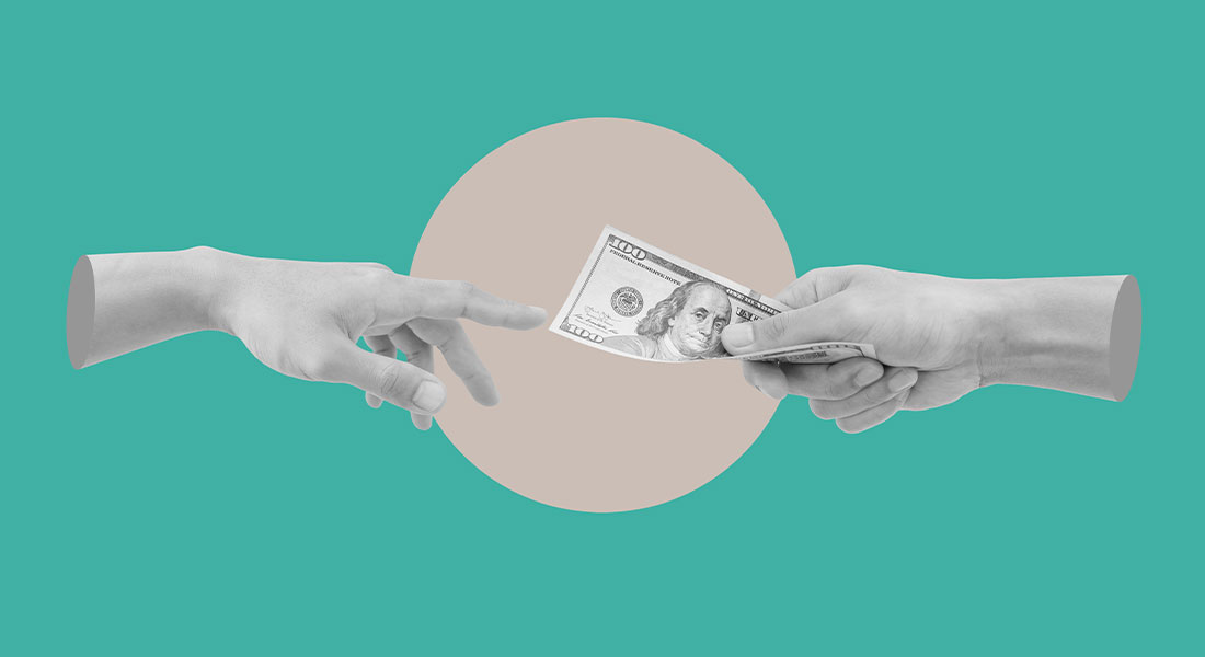 A graphic of a hand transferring money to another hand.