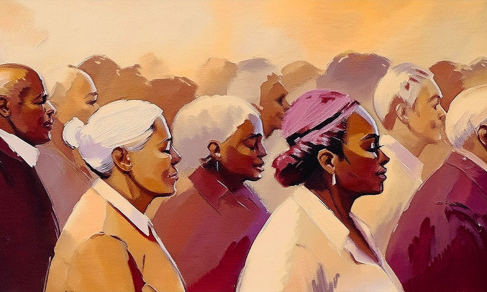 A painting depicts a diverse group of baby boomers standing in close formation, facing to the right. The figures have varying skin tones and hair colors, styled mostly in buns. The background is a blend of warm hues, suggesting a sunrise or sunset, symbolizing the peak 65 retirement surge.