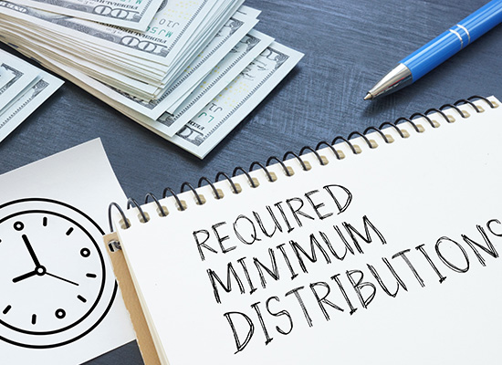 A notebook displaying 'REQUIRED MINIMUM DISTRIBUTION' next to money and a clock sketch, illustrating the concept of mandatory withdrawals from retirement accounts.