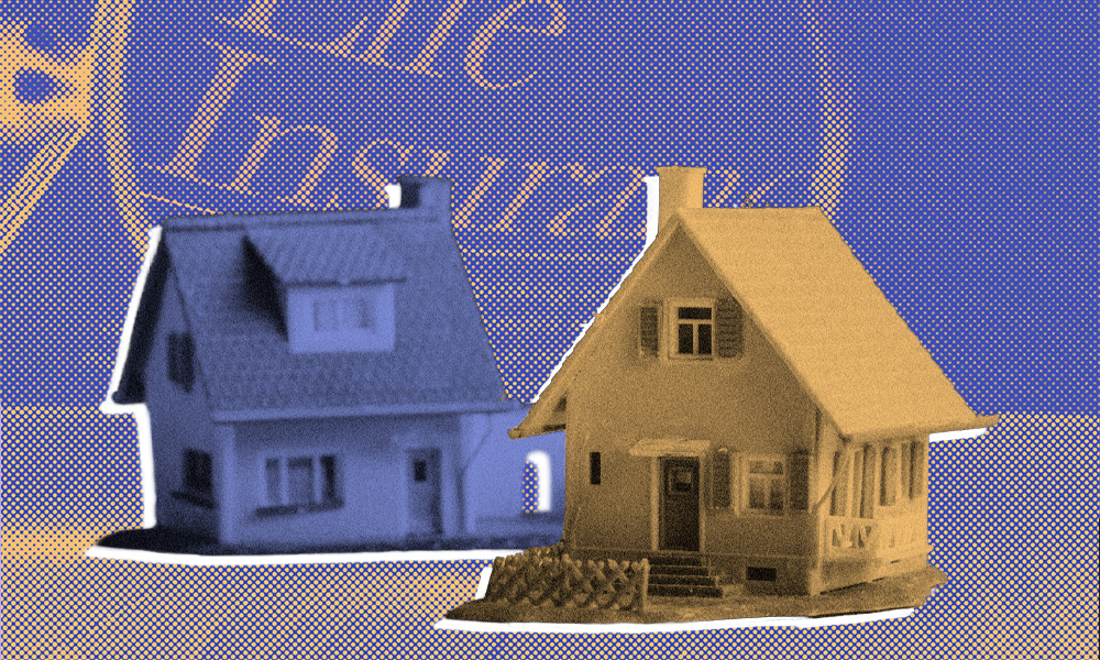 A collage-style image shows two miniature house models, one bluish and one yellowish