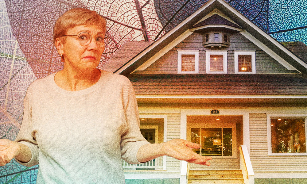 Worried woman in front of a house, representing concerns about Medicaid estate recovery and protecting the home for family