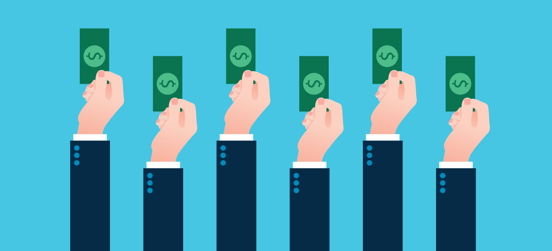 Animated arms holding up cash