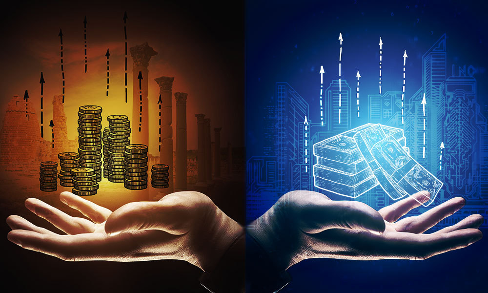a mirrored image of hands left hand holding a stack of coins and the right hand holding a stack of money