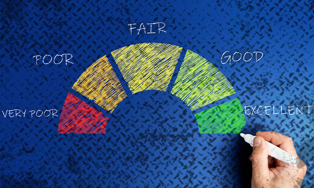 A hand draws a colorful credit score meter ranging from 'Very Poor' to 'Excellent' on a blue background, illustrating different levels of creditworthiness relevant to retirement planning.