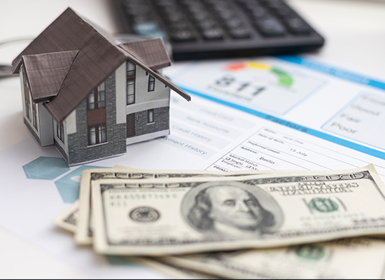 A miniature house model sits atop a credit report and US dollar bills, with a calculator in the background, representing your credit score plays a vital role in several aspects of your financial life.