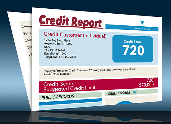 A credit report displays a credit score of 720, illustrating a good FICO score and credit history.