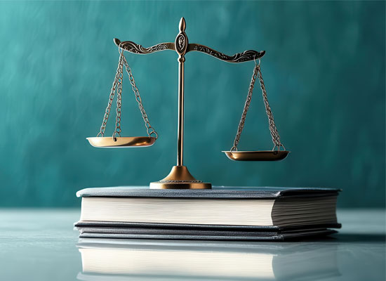 Scales of justice resting on legal books symbolize the ethical and legal considerations surrounding long-term care contracts, Medicaid benefits, and financial means for seniors