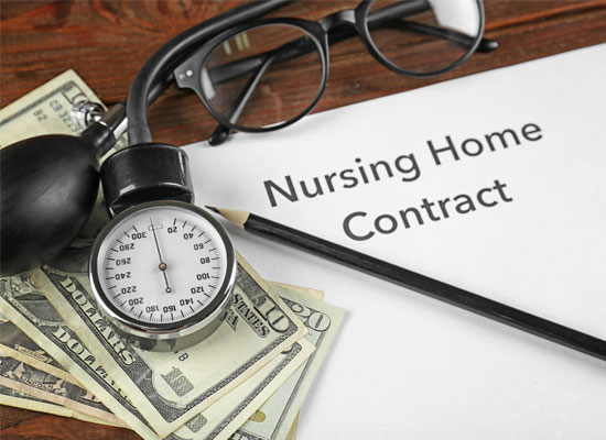 A nursing home contract accompanied by medical and financial symbols representing policies and regulations that impact seniors