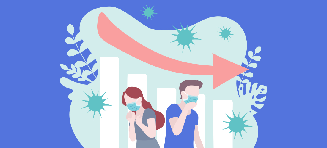 Two animated people with masks and a declining bar graph
