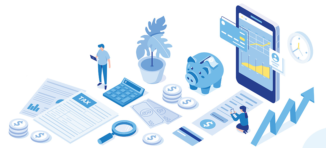 Cartoon images of documents, coins, calculator and other desktop items