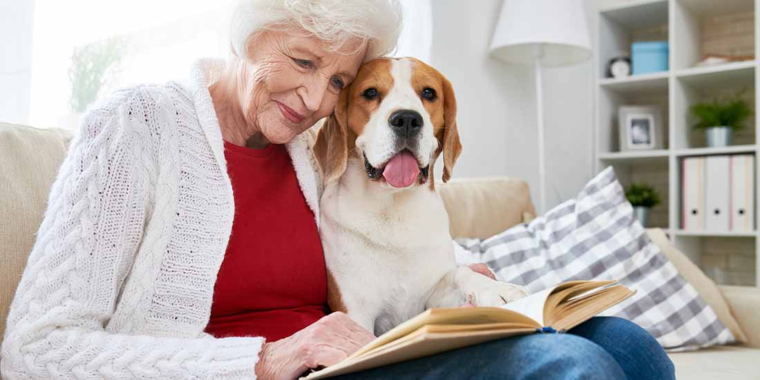 Lovely Grandmother reading with her hound dog