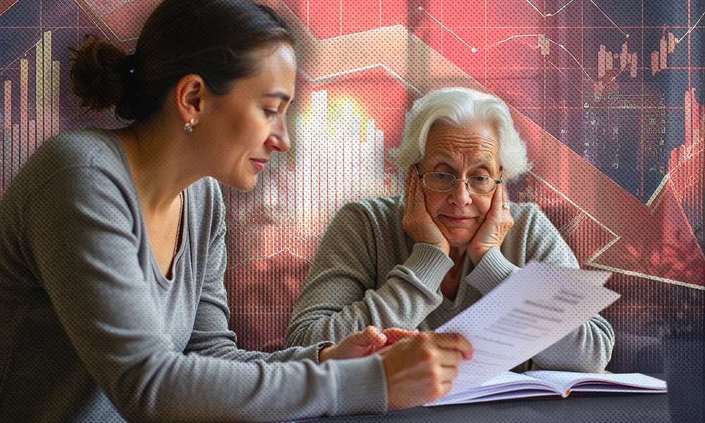 A concerned elderly woman and her daughter review financial documents, with a background of declining stock charts