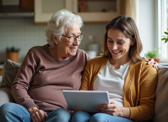 A young woman and her elderly mother sit together on a couch, smiling while looking at a tablet, highlighting family caregiving and financial planning discussions.