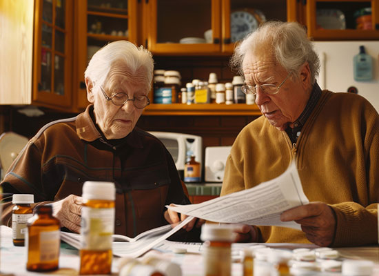 An elderly couple reviews documents at a table with prescription bottles, illustrating health care directives, Medicare planning, and elder care.