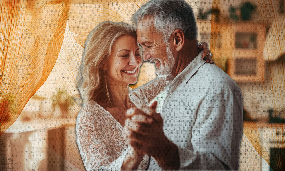 An older couple dancing intimately in a warmly lit home, symbolizing retirement-age newlyweds navigating late-life marriage