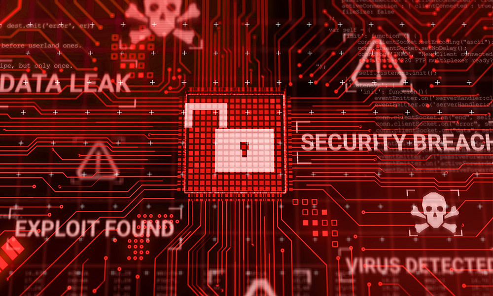 graphic of a circuit board with the words data leak and security breach written on top