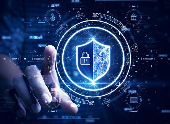 a digital shield with a lock and other digital assets surrounding it