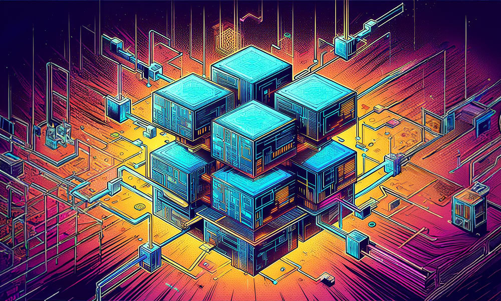 digital blocks piecing together forming a blockchain