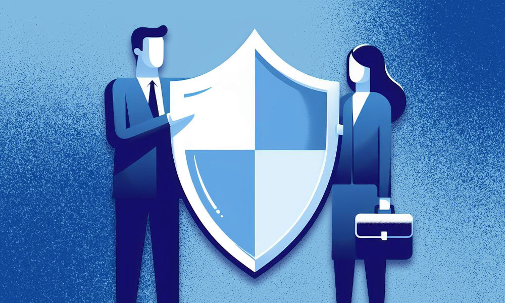 picture of man and women holding a shield