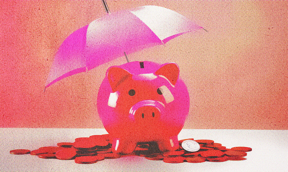 Illustration of a pink piggy bank under a pink umbrella, surrounded by scattered coins on a textured surface. the background is soft pink and orange.