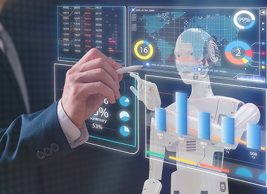 A person interacts with futuristic displays showing global financial data and AI analytics, representing advanced behavioral finance tools.