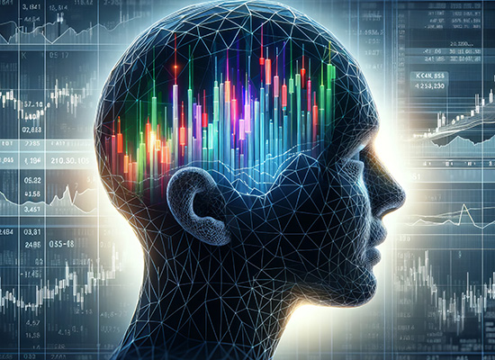 Colorful stock charts and data visualizations form inside a digital human head silhouette, illustrating the concept of behavioral finance and psychological biases in investing.